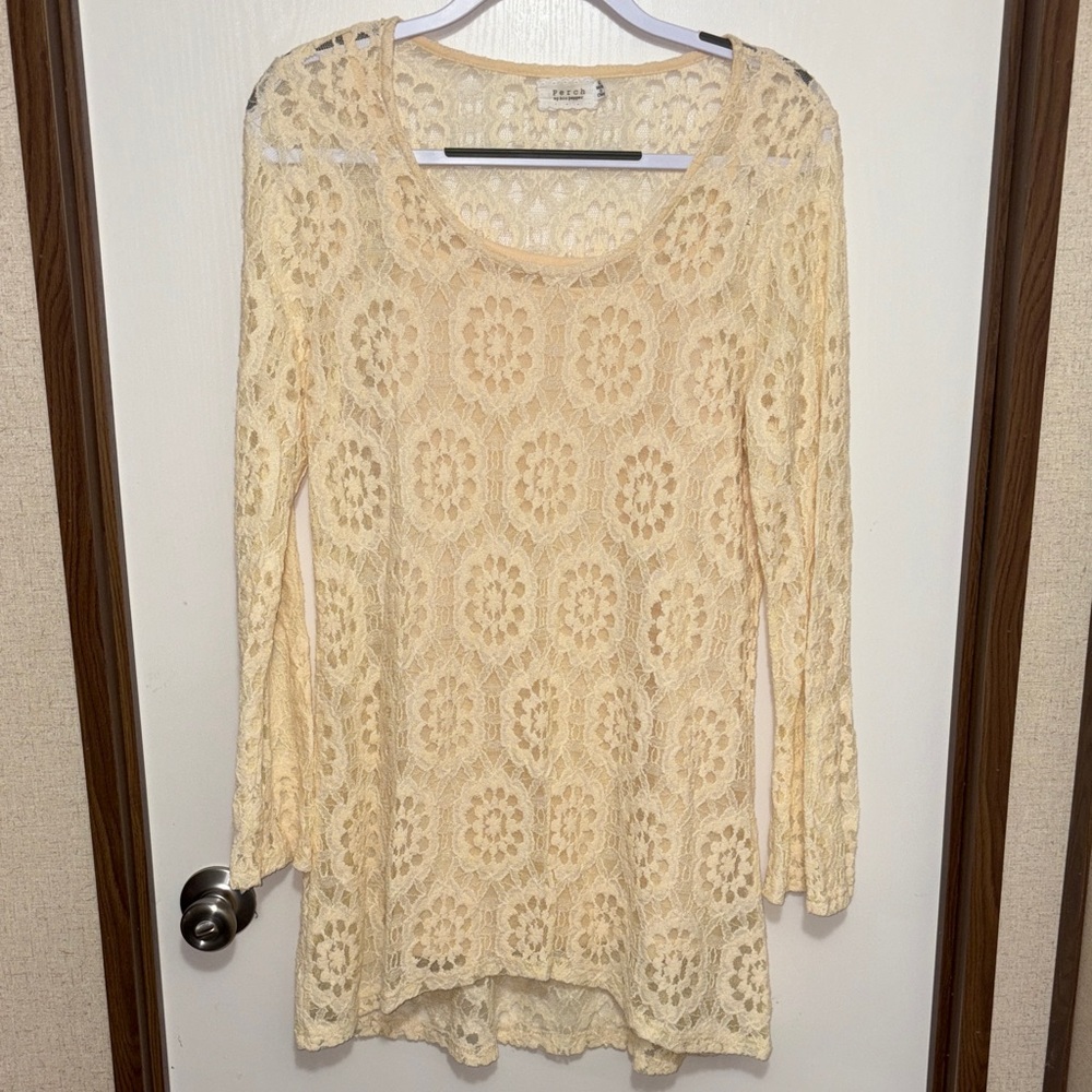 Perch by Blu Pepper Lace Tunic Top XL Cream Boho   Crochet Bell Sleeve Lined